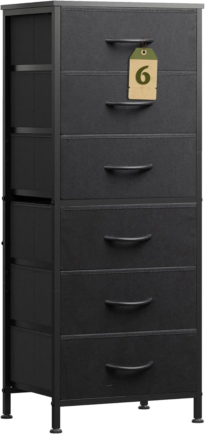 

Black Tall 6-Drawer Dresser with Metal Frame, Fabric Storage Tower for Bedroom, Closet, or Living Room