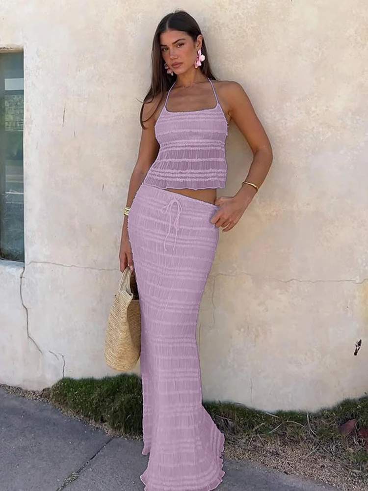 

Macheda пляжный стиль комплект из 2 предметов женский Холтер на шнуровке с открытой спиной прозрачные укороченные топы + элегантные юбки с рюшами модные костюмы для отпуска