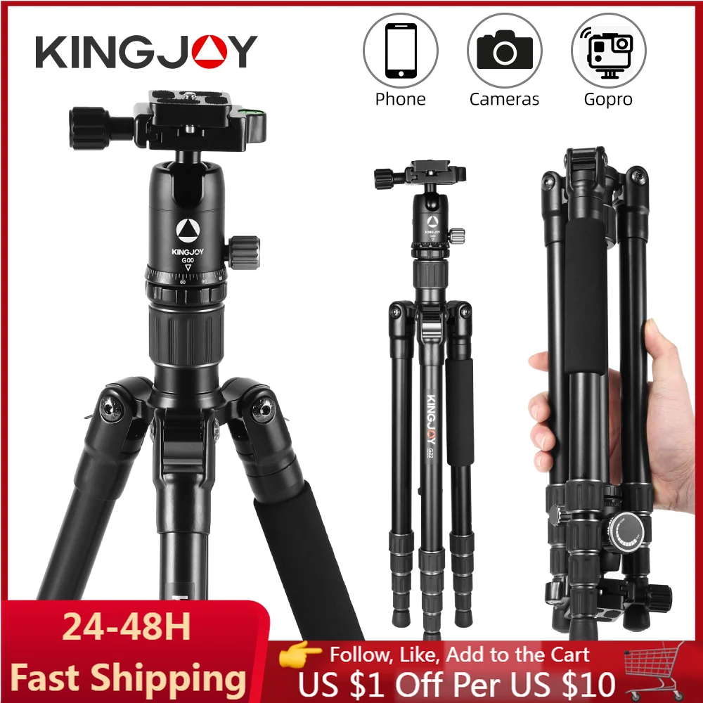 KINGJOY Camera Phone Tripod Alumium/Carbon Fiber DSLR Stand Holder with 143CM, Max. Load 10kg for Nikon, Sony, Canon and Gopro