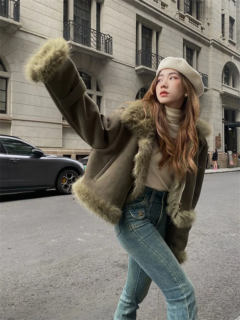 Autumn And Winter Loose Fur Coat Suede Short Fashion Beautiful Motorcycle Suit Female Slim Korean Casual Leather Jacket Outcoat