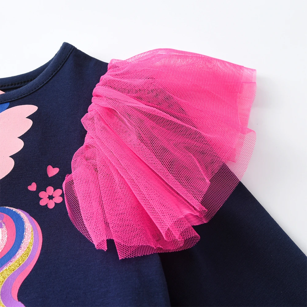 DXTON Baby Mädchen Baumwollkleider Frühling Herbst Kinder Langarm-Kleid Einhorn Kleinkind Festtags-Party Mehrlagiges Tüll-Kleid – Detail 5