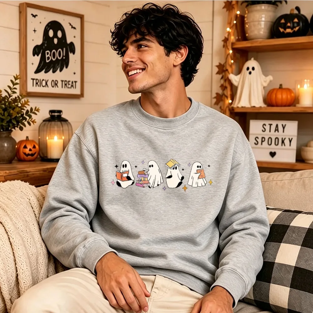 Cute Ghost Reading Books Stack Book Sparkle Print Pullover Book Lover Halloween Ghost Graphic Casual Loose Autumn Winter Unisex