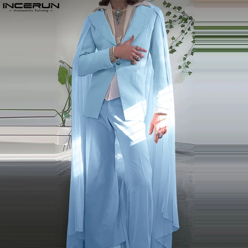 INCERUN Men Blazer Cape Mesh Patchwork Lapel Long Sleeve One Button Casual Male Suits Streetwear Ruffle Cloak Fashion Blazer Men