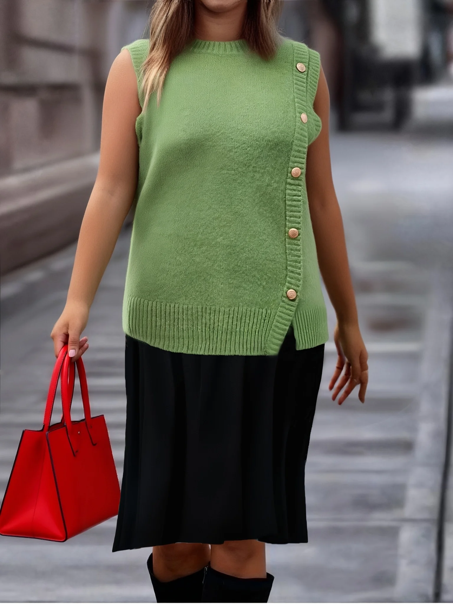 Camiseta sin mangas de punto con cuello redondo para mujer, talla grande, informal, color liso, para primavera y otoño, combina con todo.