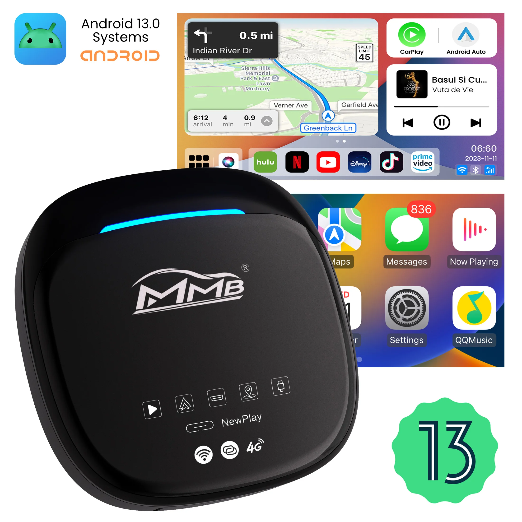 2024 MMB MAX 4.0 CarPlay TV Box Android 13 OS QCM 8-Core 665 6125 Wireless CarPlay Android Auto AI Adapter Magic Box 4G LTE GPS 