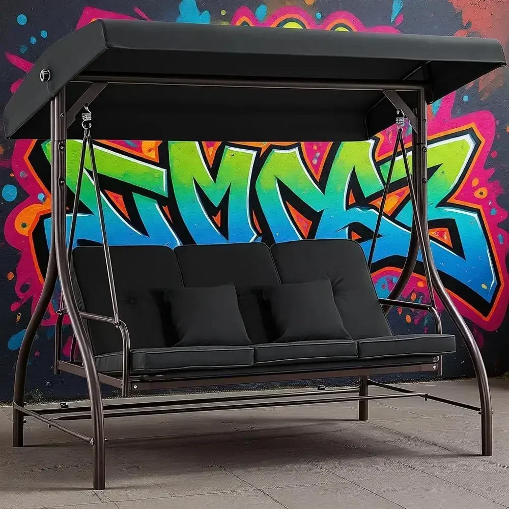 

Трехместные уличные качели-гамак для патио, трансформируемые качели-глайдер 2-в-1 для веранды со съемными подушками, регулируемые, с подушками или без