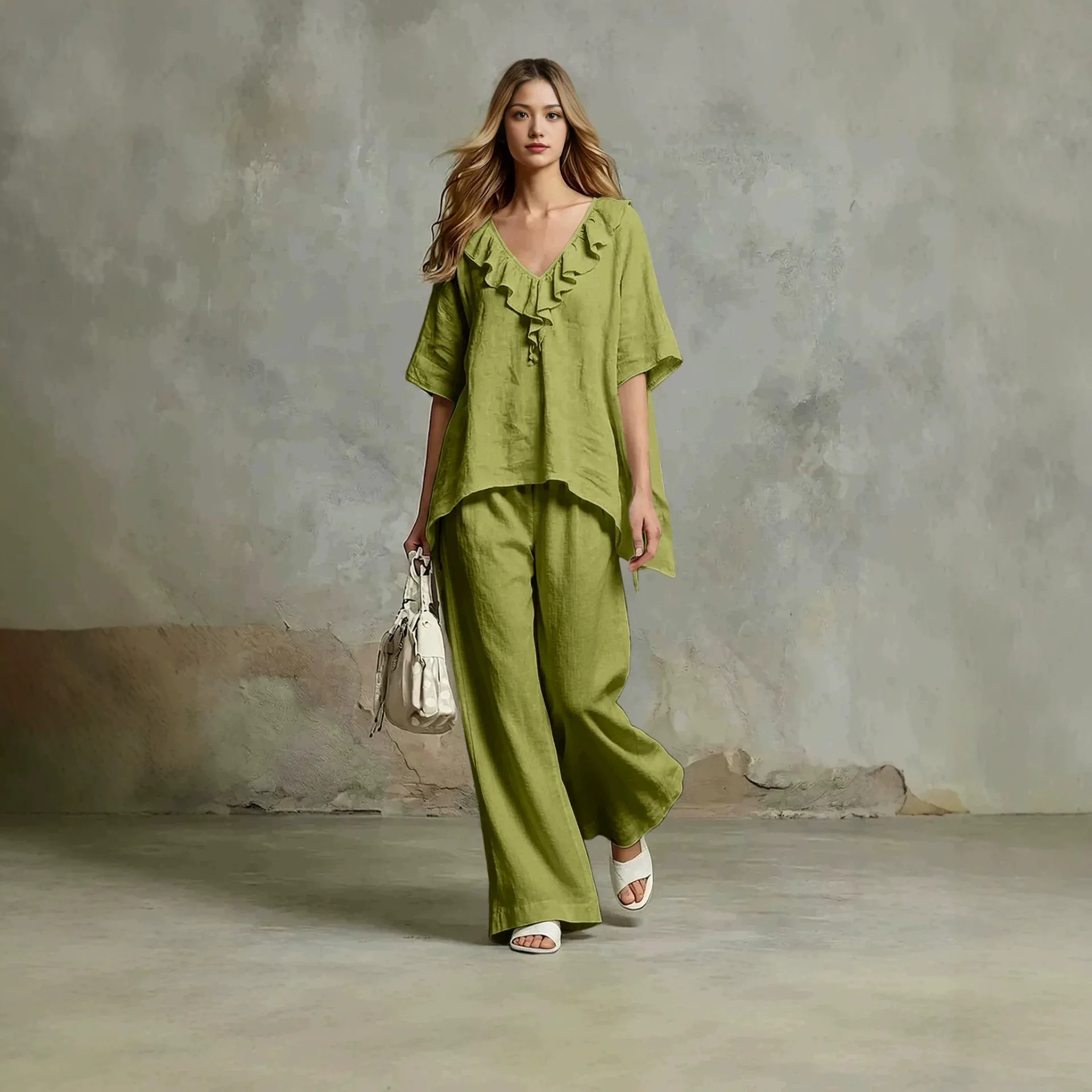 

Loose Trousers Set Solid Color Simple Elegant Fashionable Spring Summer V-neck Mid-sleeve Pullover Top Trousers Two-piece Set
