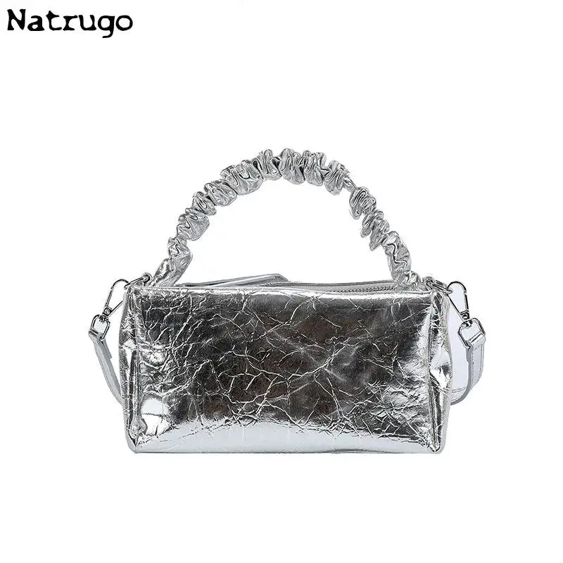 Women\'s Handbags Laser Silver Clutch Metallic Pleated Shoulder Bags For Women 2024 Luxury Ladies Single Shoulder Crossbody Bag