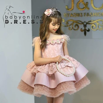 BABYONLINE مخصصة بالتواصل فتاة الأميرة الدانتيل الرقبة مع الريش كم الدانتيل مشد رقيق تنورة الكرة ثوب JuniorBride