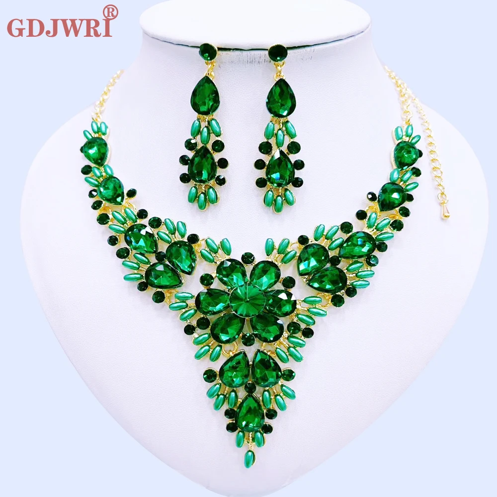 

Fashion Green Crystal Wedding Jewelry Sets For Women Tassel Rhinestone Flower Necklace Earrings Costume Jewelry Sets Party Gift