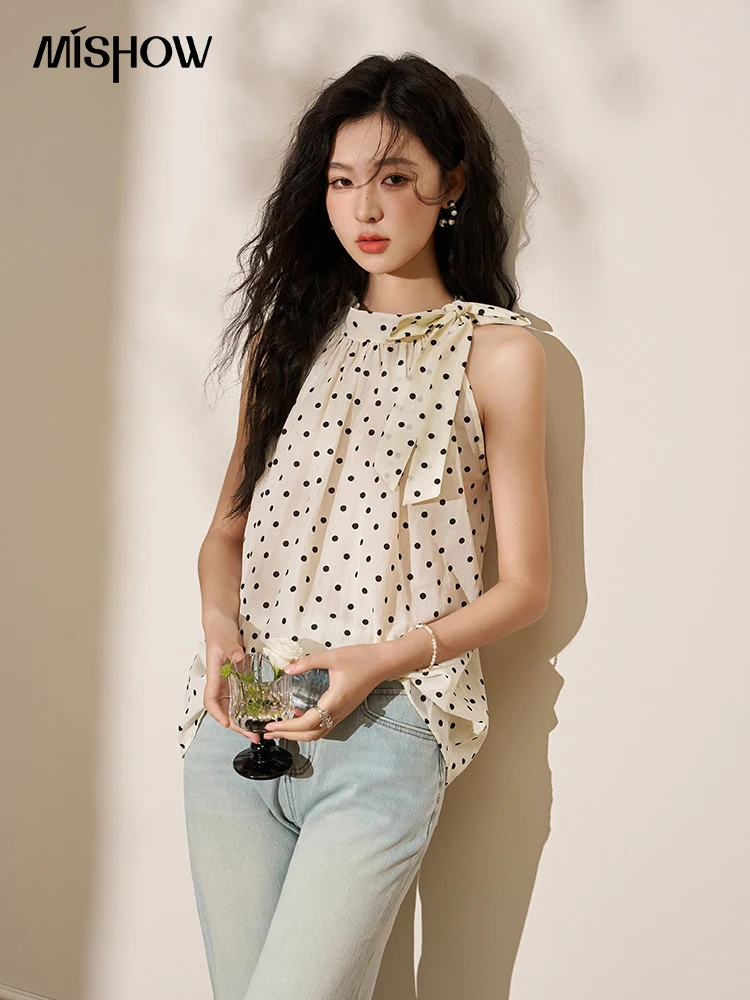 

MISHOW Polka Dot Tie Neck Hanging Sleeveless Chiffon Shirt for Women 2024 Summer Sweet Doll Top Beach Style Blouses MXD22X1474