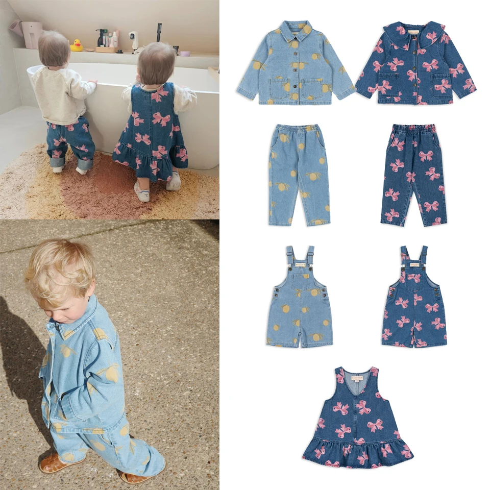 

2025 KS Kids Denim Jacket & Pants Set Lemon Print with Bow Toddler Outfit 18M-9Y