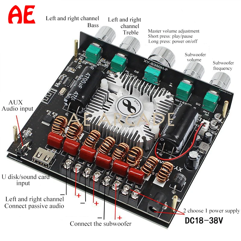 XYS350H 2.1 Channel Digital Power Amplifier Board High Power 220w*2+350w Class D Power Amplifier Subwoofer Aux Usb Bluetooth 5.1