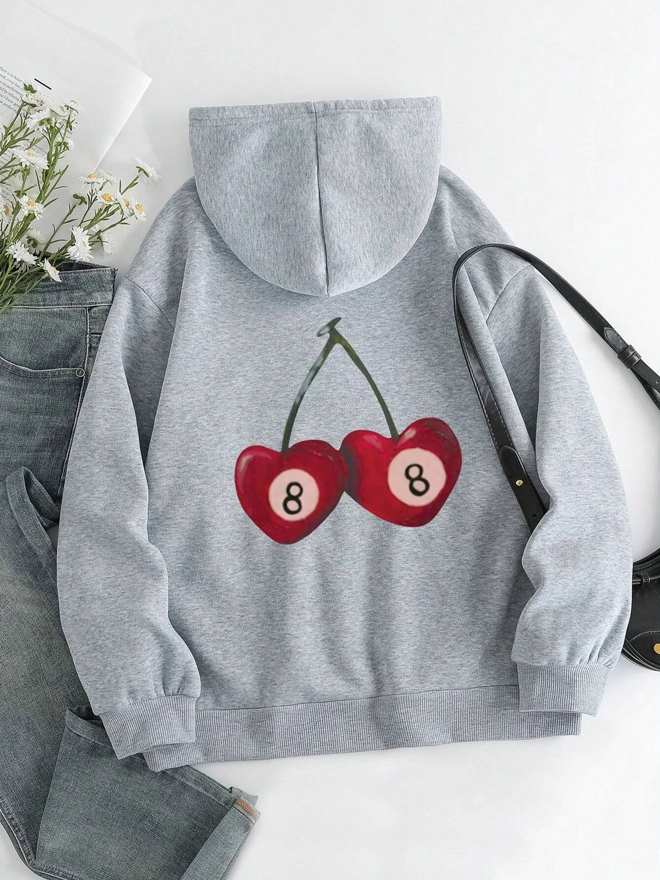 Heart Shaped Cherry Fruit Hoodie Woman Number 8 Spring Autumn Hoodies Warm Fleece Women Hoody  Fur-liner Casual Clothing