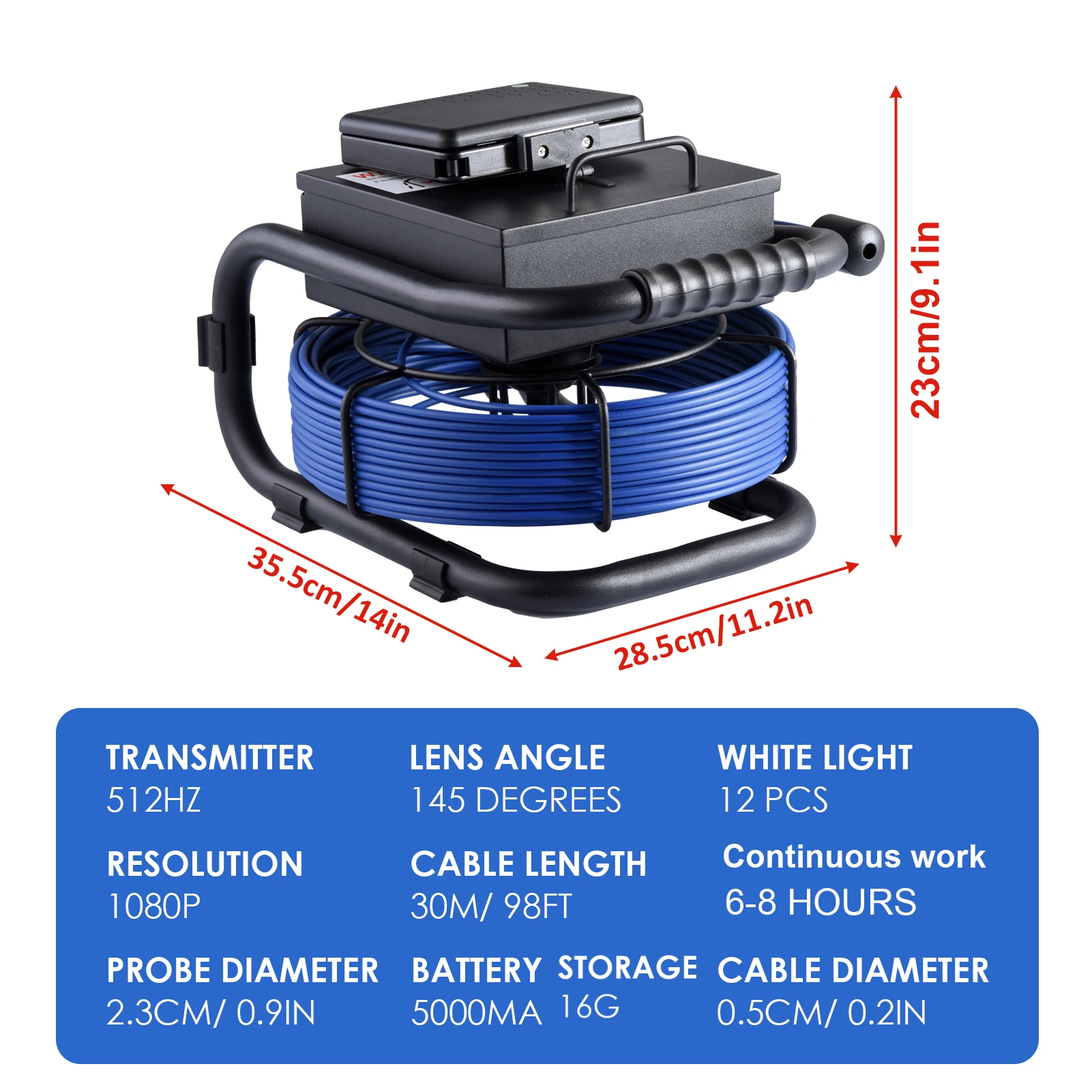 Kamera Inspeksi Pipa 100 Kaki dengan Penyetelan Otomatis, Transmitter 512Hz, Tahan Air, Layar 5 inci, Boreskop dengan Lampu, Kartu 16Gb