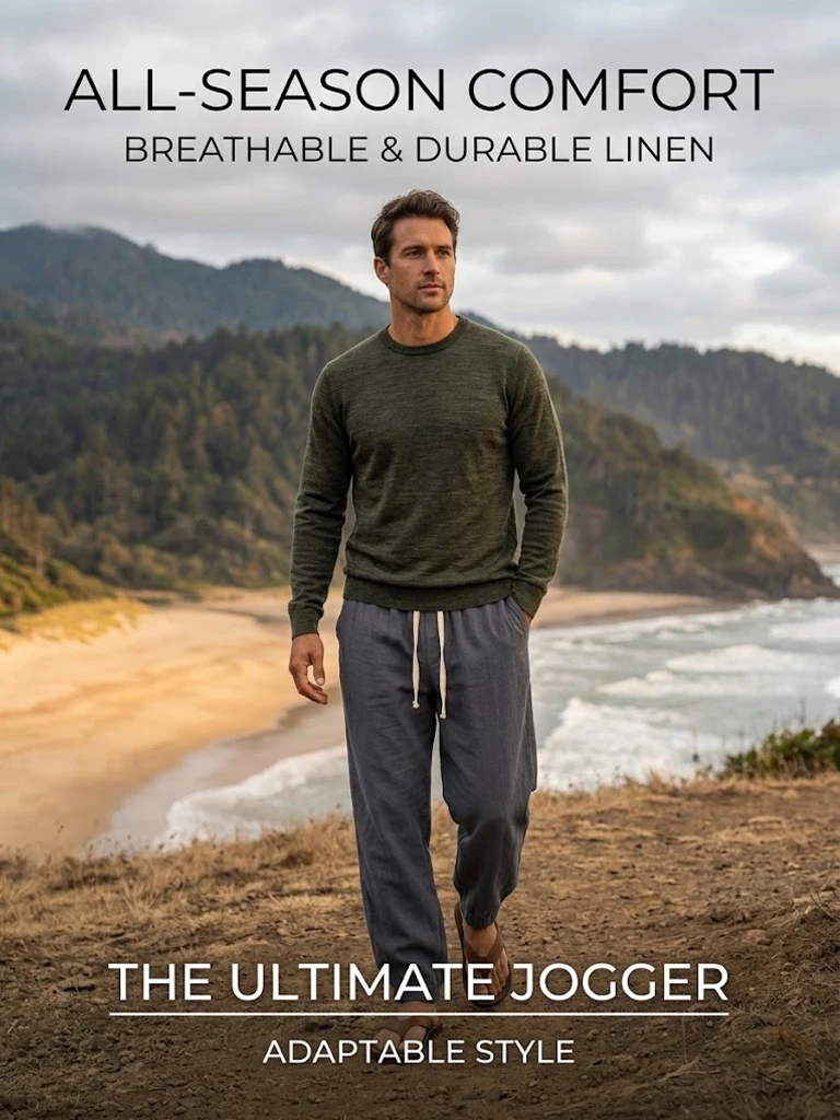 Herren Freizeithose aus Baumwolle, locker geschnitten, mit elastischem Kordelzug, leichte Jogginghose, Leinenhose, Sporthose, Arbeitshose – Detail 1