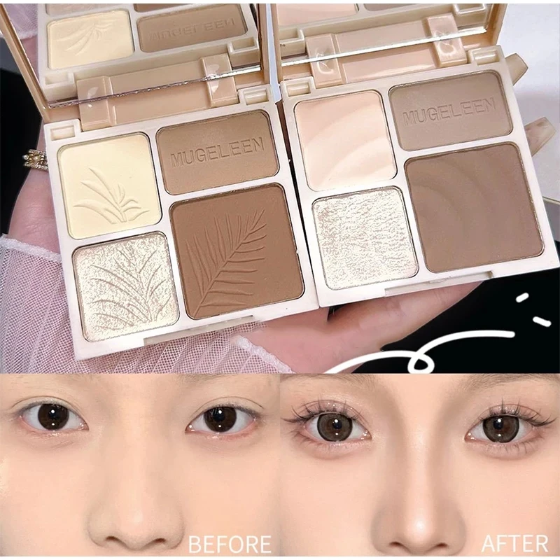 4 สี Long-Lasting Matte Highlighter Palette Face Shading Grooming Powder แต่งหน้า Face Contouring เครื่องสําอางแบบพกพาแปรง