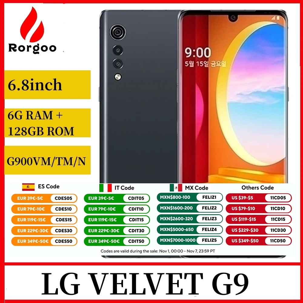 LG VELVET G9 G900TM G900VM G900N 4G LTE 5G Mobile Phone 128GB Unlocked 6.8'' LG Snapdragon765 Original Unlocked Cell Phone