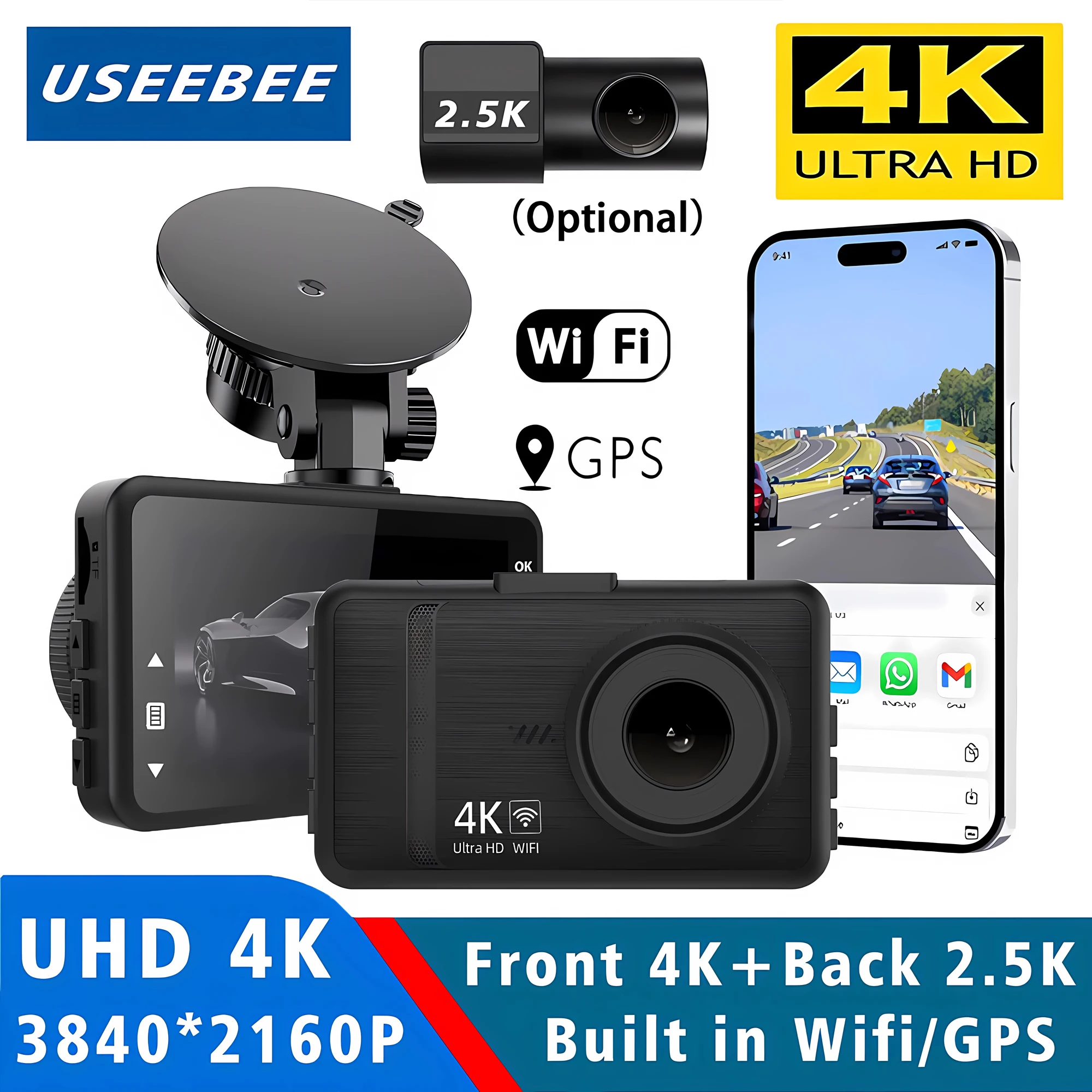 

4K + 2,5K видеорегистратор, Wi-Fi, GPS, автомобильный видеорегистратор, двойной объектив, поддержка задней камеры, ночное видение, 24 часа, мониторинг парковки, черная коробка