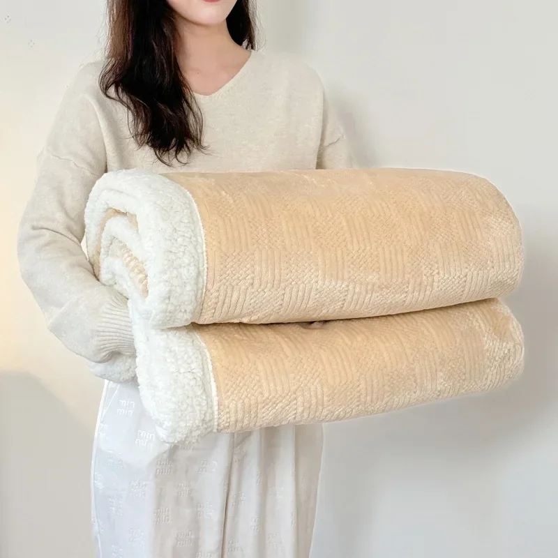 yesSolid Double-Layer Coral Fleece Jacquard Blanket Thick Lamb Wool Warm Shawl Multi-Functional Sofa Nap Blanket for Office Trav