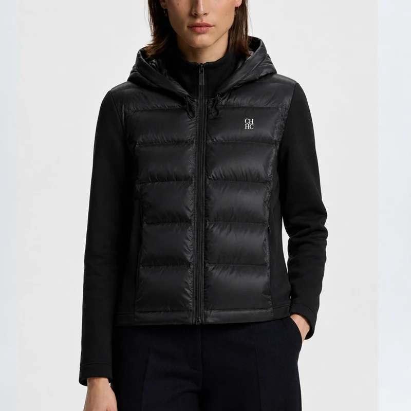 CH Women Hooded Zip Up Jacket Mixed Fabric Drawstring Hood Chest Embroidery Casual Ladies Outerwear Coats
