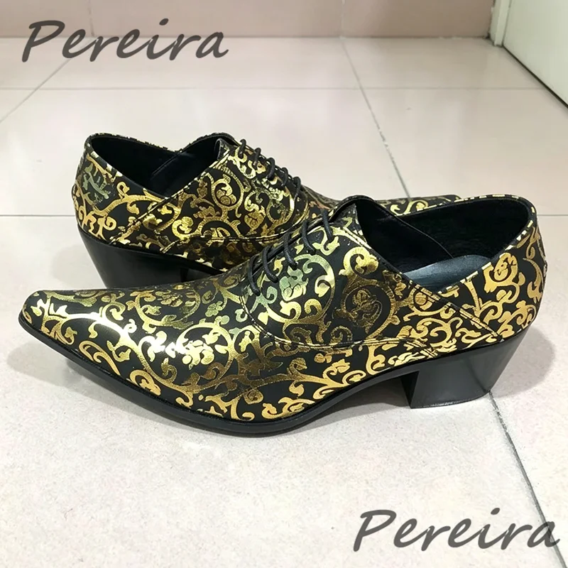 

Luxury Golden Printed Men's Dress Shoes Genuine Leather Pointed Toe High Heel Lace-Up Oxford Shoes Trendy Party Banquet Shoes