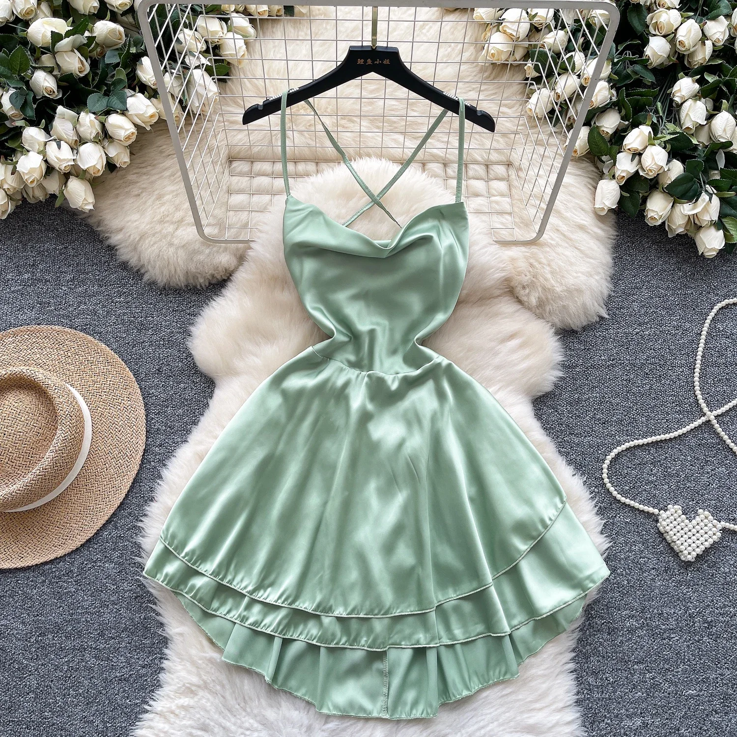 Hotsweet Straps Swinging Collar Elegant Sleeveless Backless Bandage Vintage Satin Sexy Slim Dresses High Street Autumn Clothing