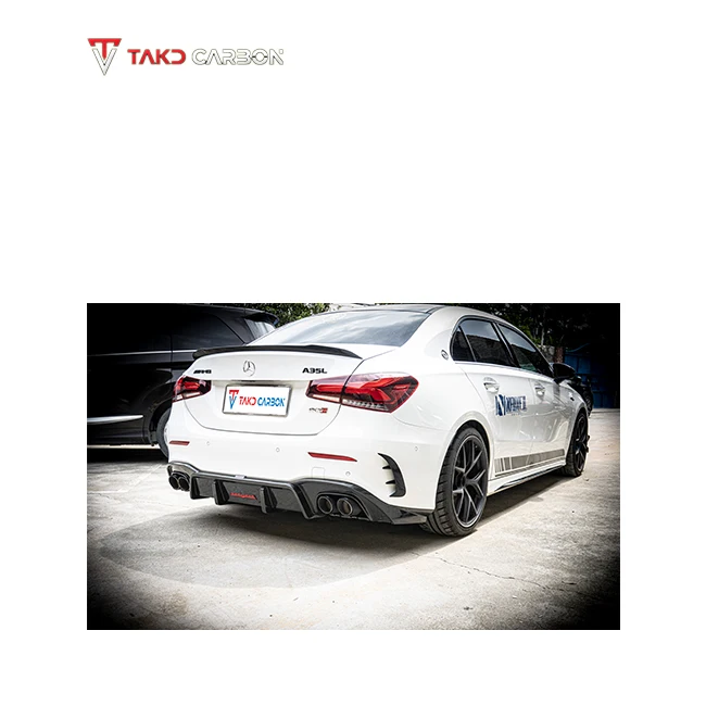 TAKD Real Car Data Development Dry Carbon Fiber Rear Bumper Lip Diffuser With The LED Light For BENZ AMG A35L W177