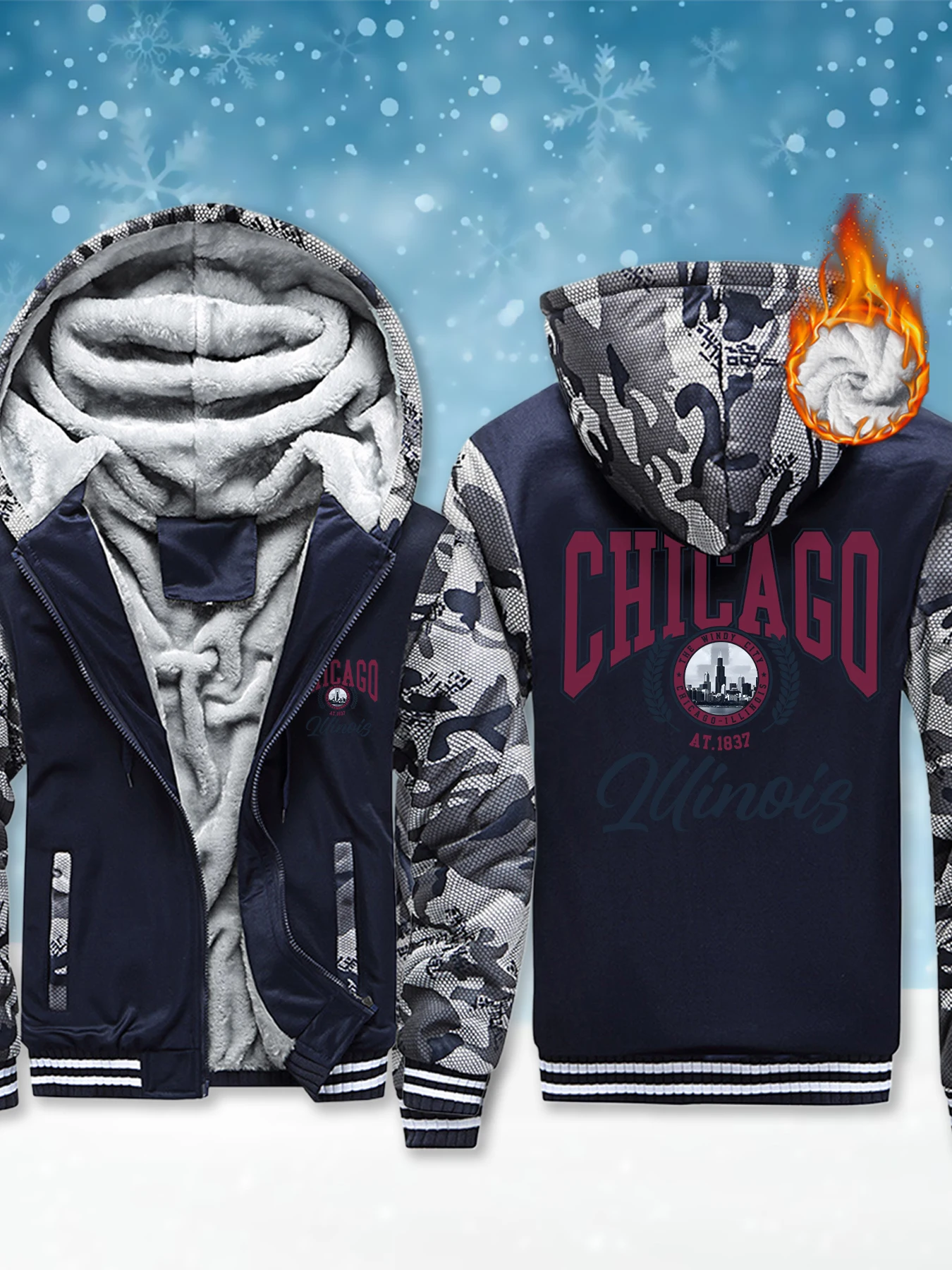 

Мужские толстовки с принтом Chicago Illinois, теплая одежда высокого качества, уличный зимний пуловер, удобное флисовое тяжелое пальто