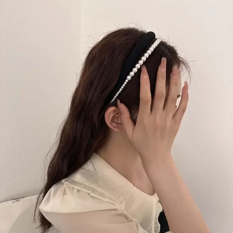 Narrow Satin Pearl Double-Layer Headband for Women Hair Band Retro Elegant Black White Sponge Hair Hoop Wedding Hair Accessories