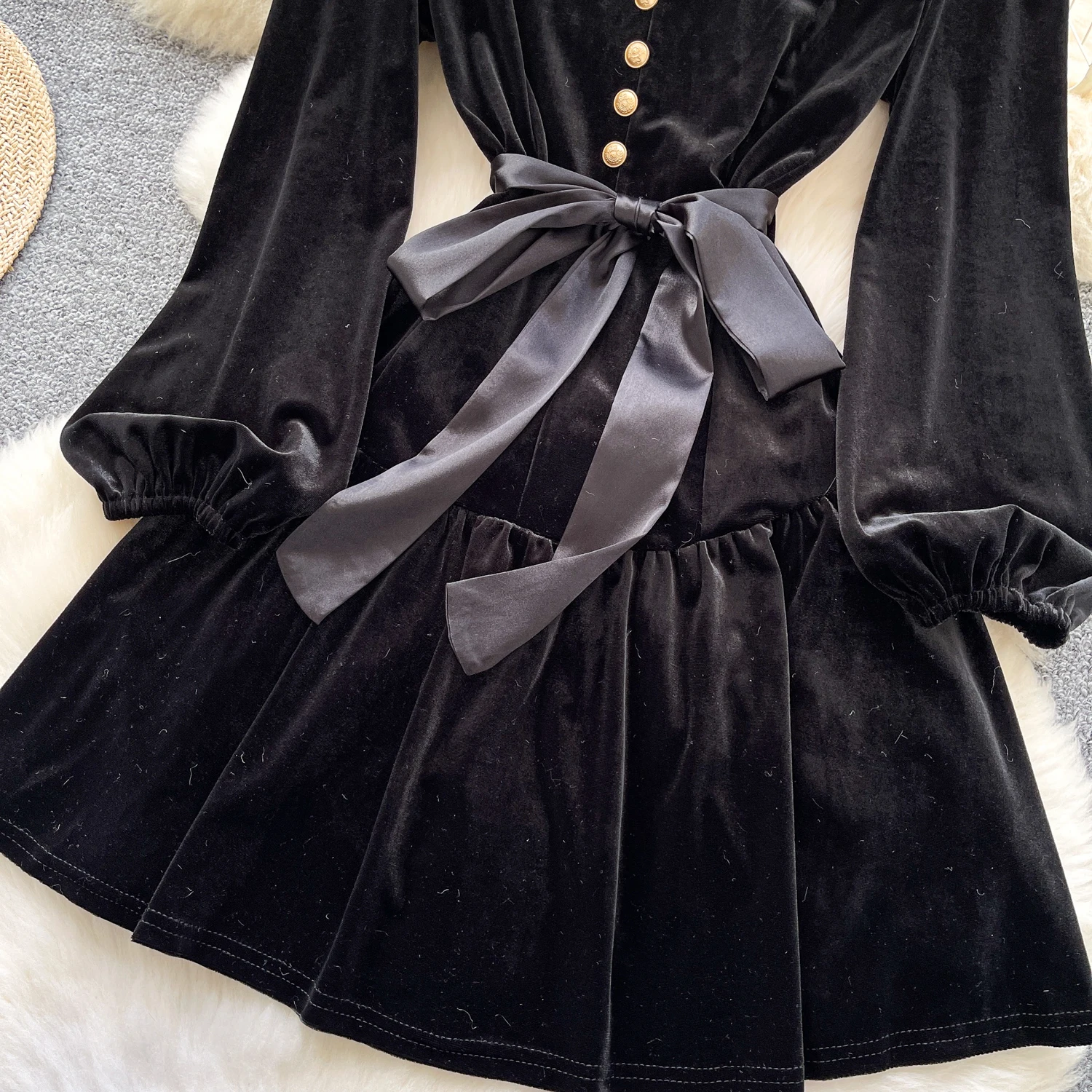 Chic vintage Sexy long sleeve velour fairycore dress korean fashion Sundress Party ceremony dresses