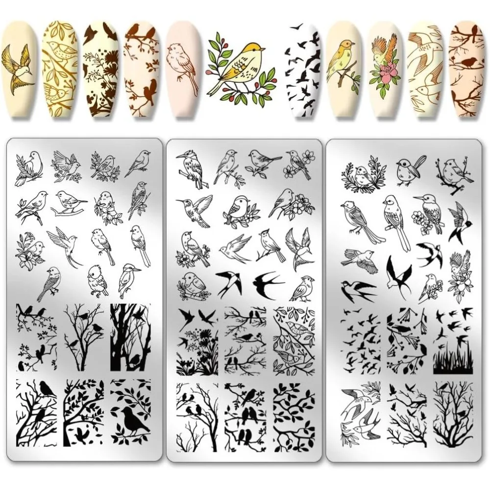 3pcs Bird Nail Stamping Plates Swallow Animal Nail Art Templates Tree Flower Nail Art Stencils Stainless Steel Nail Image Plates