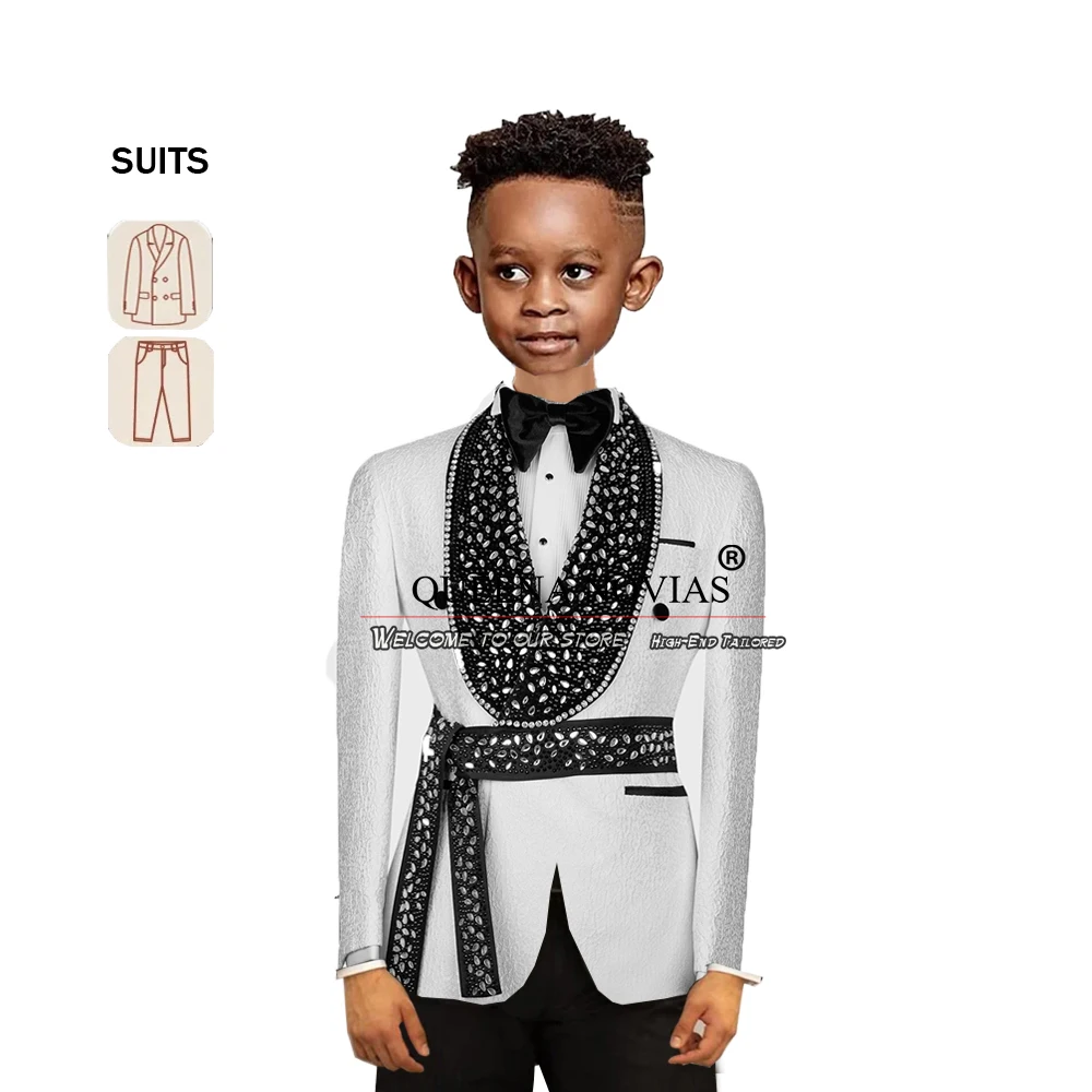 Luxury Boy Diamond Black Lapel Suits Double Breasted Floral Jacket Pants 2 Pieces Children Tuxedos Tailored Made Kids Clothing