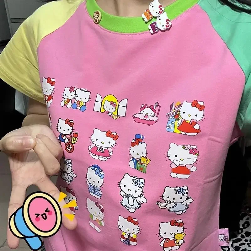 Cute Contrasting Hello Kitty Print Full-shoulder Shirt Women's Summer Slim Cropped Short-sleeved Top