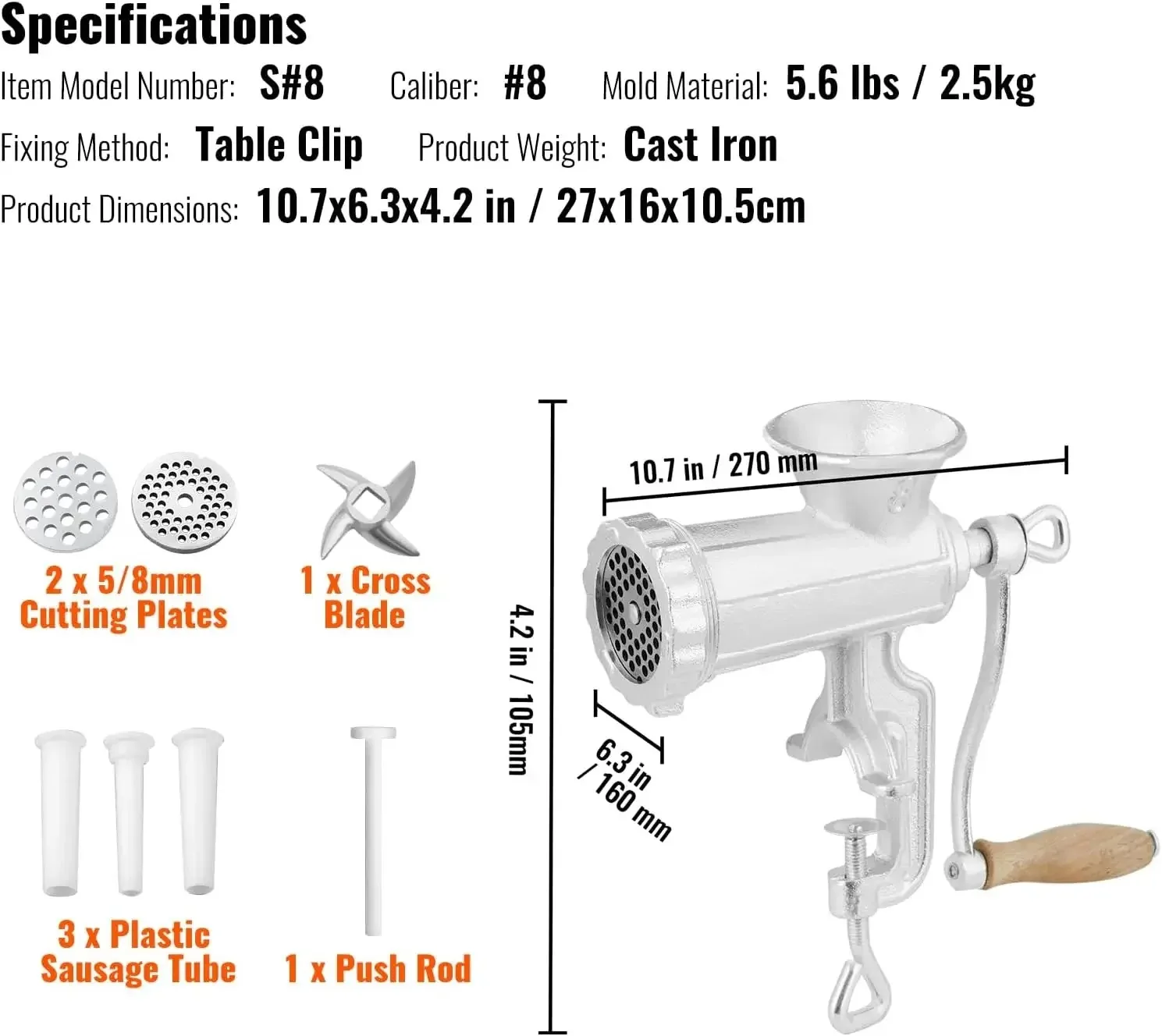 Heavy Duty Cast Iron Hand Meat Grinder with Steel Table Clamp, 1 Cutting Blade, 2 Cutting Plates, 3 Sausage Tubes