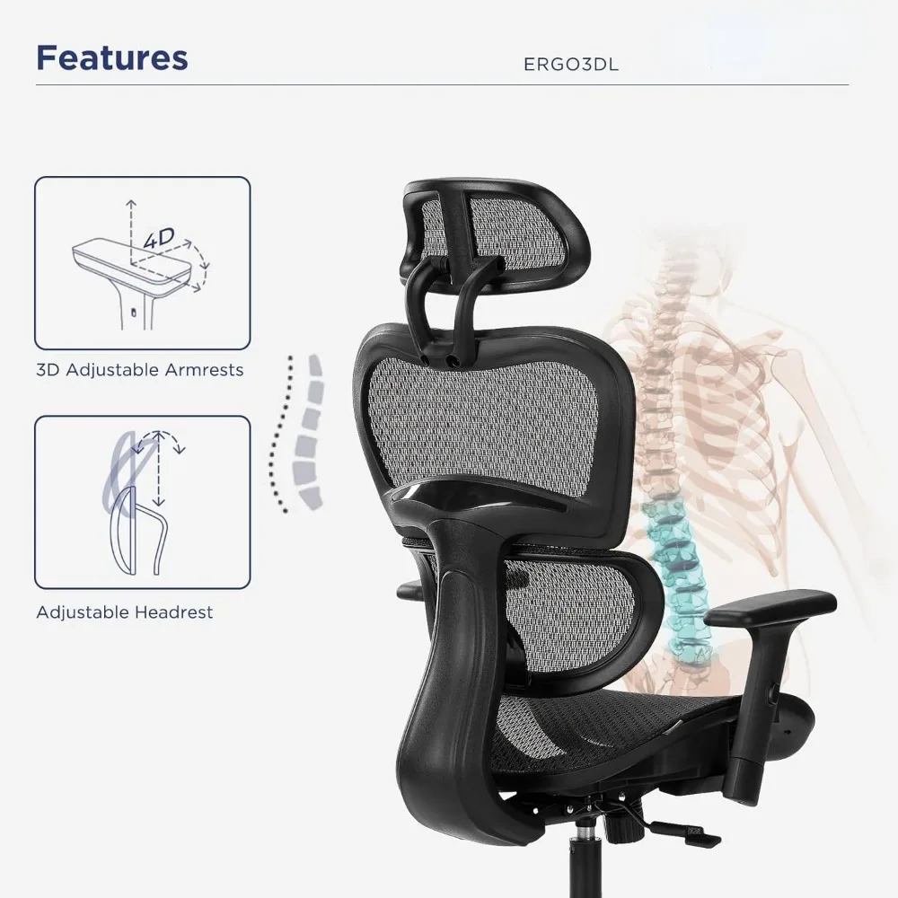 Ergo3D silla de oficina ergonómica, asiento de malla con soporte Lumbar, 4D reposabrazos ajustable, reposacabezas ajustable y ruedas