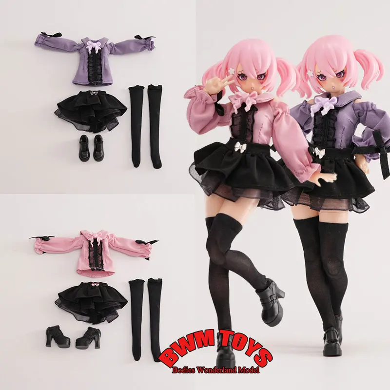 1/12 Mobile Suit Girl Bow Lace Elastic Shirt Lace Pleated Skirt Black Straight Socks For 6inch BD PF Action Figure Doll