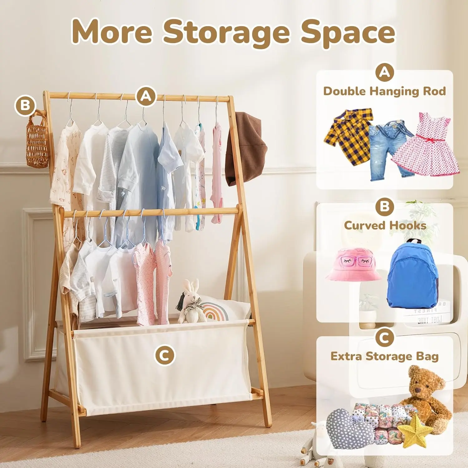 Kids Dress Up Rack for Girls, Bamboo Clothes Storage with Double Rods, Folding Costume Organizer