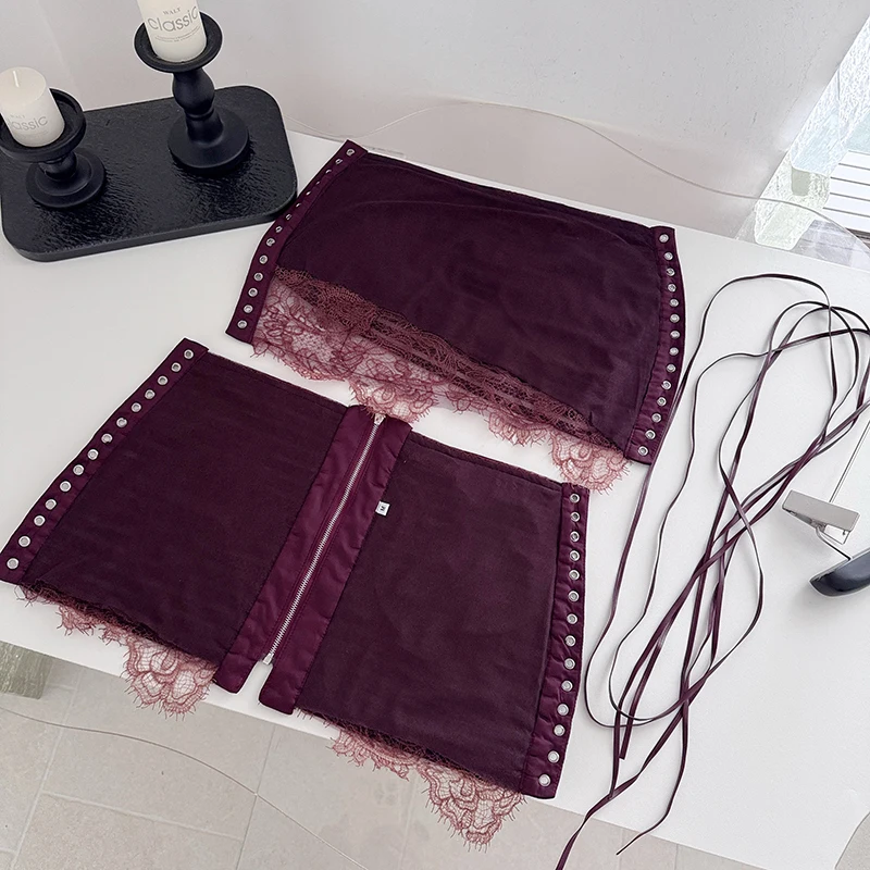 Vintage 2 Piece Playsuits Skirt Sets Women Sexy Halter Sleeveless Romper Chic Lace Patchwork PU Bodycon Skirt Bandage Mini Skirt image 5