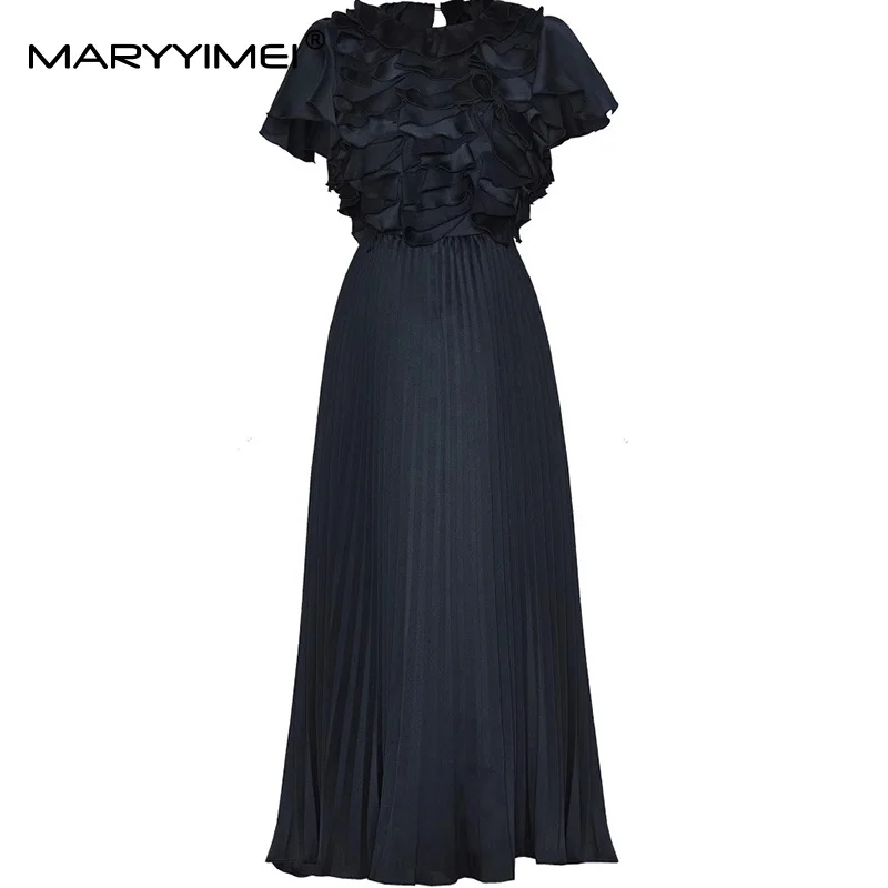 

MARYYIMEI Women's Elegant Party Prom Dress Short Sleeve Appliques Flounced Edge High waist Pleated Splicing Big Swing Dresses