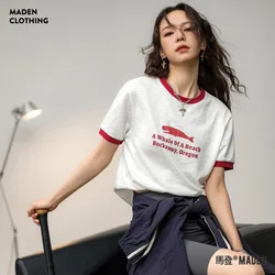 Maden Women's Printed Letters Short Sleeve T-Shirt Casual Loose Round Neck Top Contrast Color Ribbed Slim Bottoming Shirt