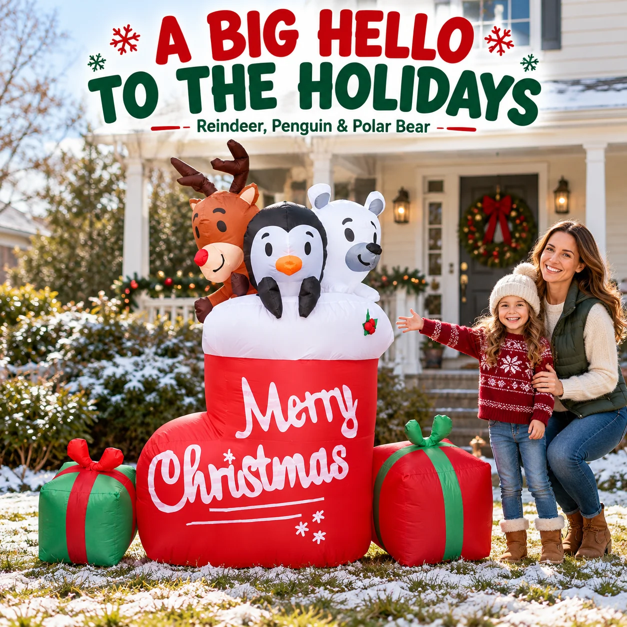 180cm Christmas Inflatable Stocking with Reindeer Penguin Polar Bear LED Lighted Blow Up Outdoor Yard Garden Holiday Party Decor