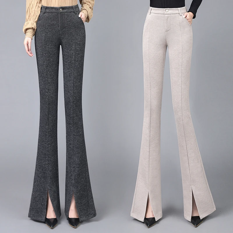 

Ladies Fashion OL Woolen Split Hem Bell-bottoms Pants Women Clothing Girls High Waist Trousers Female Streetwear Clothes BPy728