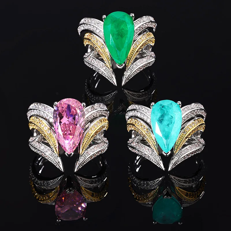 

Fashion Retro Zircon Pink Diamond Emerald Paraiba Gemstone Ring for Women