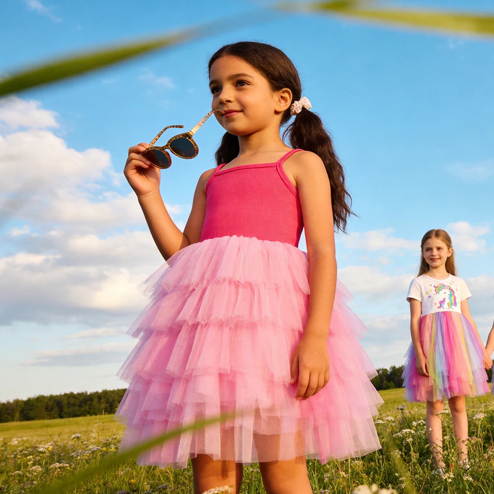 DXTON Girls Sleeveless Summer Dress Knitted Sling Top with Tutu Skirt Kids Dress Clothing Fluffy Layer Mesh Girls Party Outfits