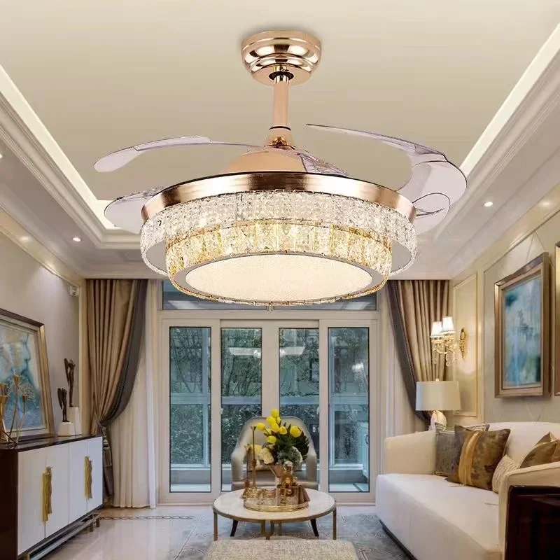 42" Gold Luxury Crystal Ceiling Fans With Light Decorative DC 110V 220V Fan Lamp Remote Control Hanging Crystal Lighting