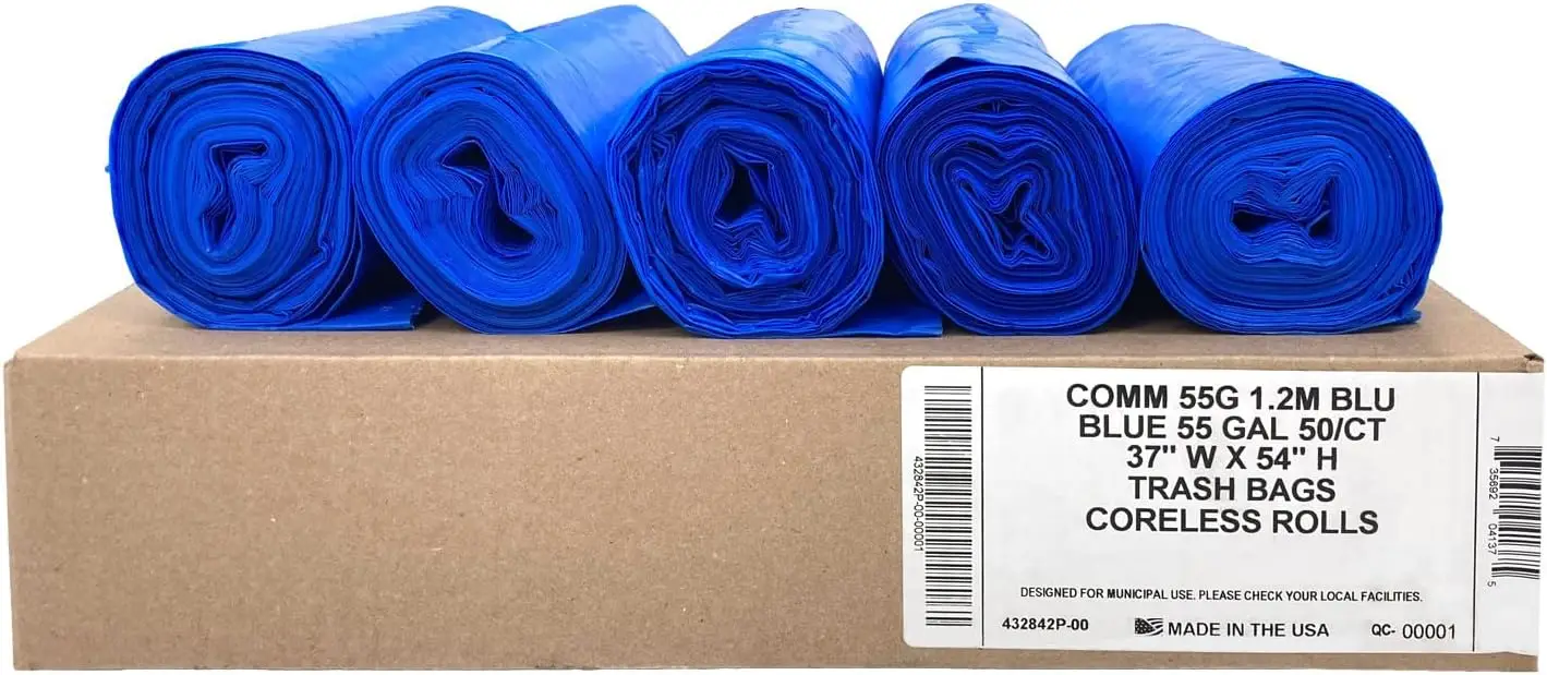 

Прочные мешки для мусора синего цвета, 55 галлонов, 50 штук в упаковке - промышленная прочность 1,5 MIL, подходят для стандартных баков