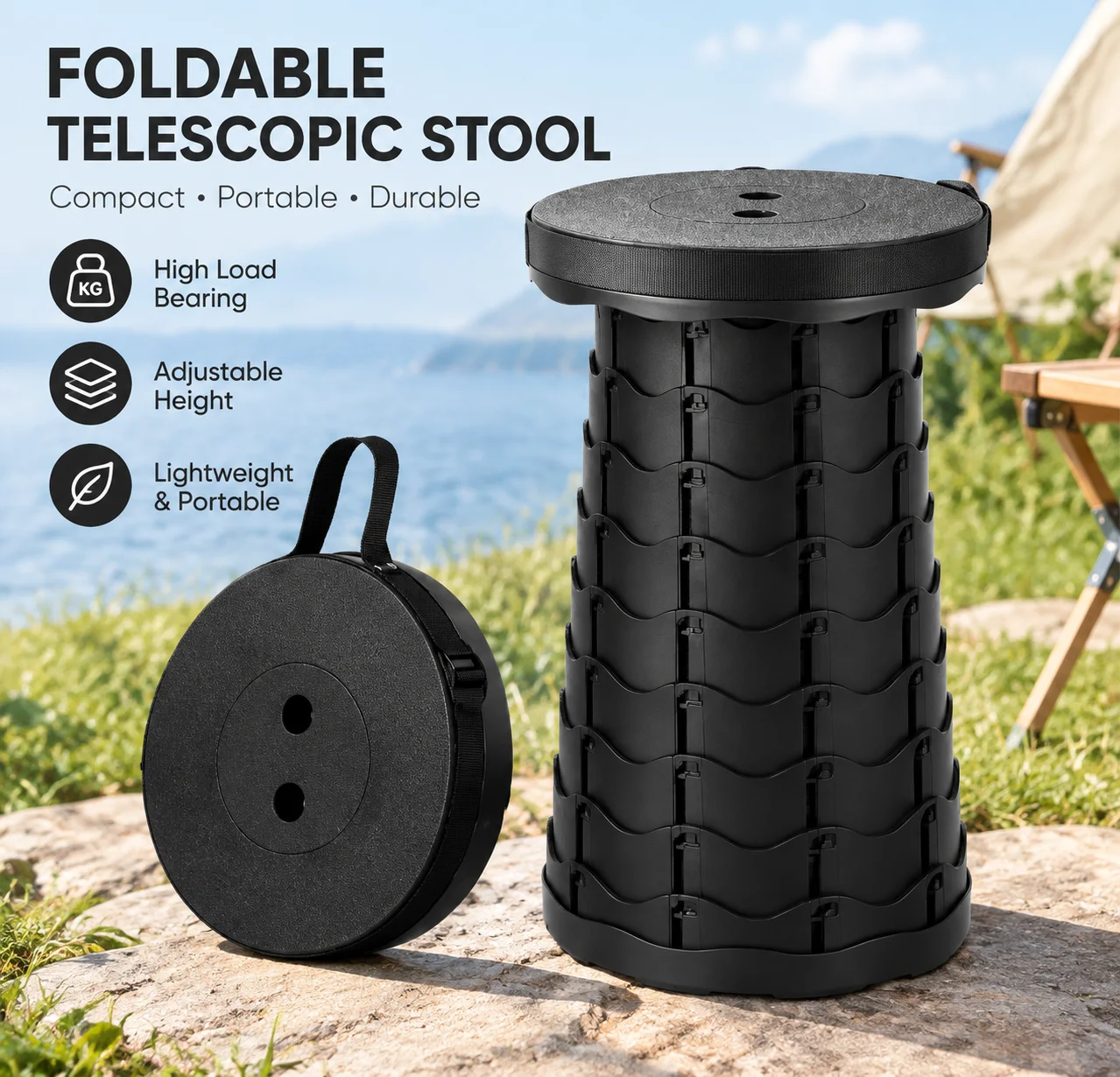Portable Telescopic Folding Stool Adjustable Height Lightweight Compact Outdoor Seat for Camping Hiking Fishing Picnic Travel