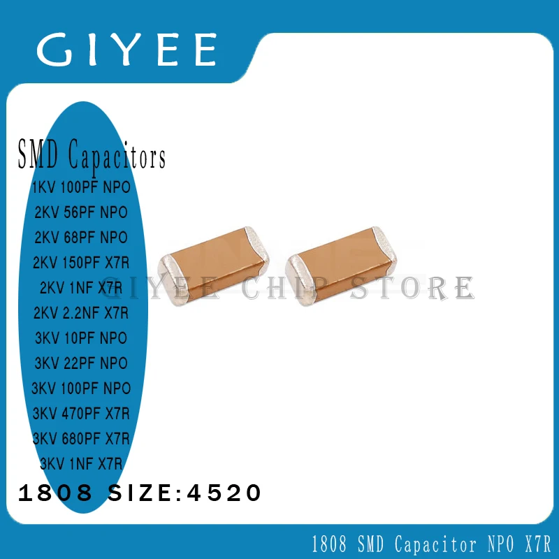 

10pcs 1808 4520 1000V 1KV 2000V 2KV 3000V 3KVHigh Voltage SMD Chip Ceramic Capacitor 10PF-100PF 150PF-1NF NPO X7R