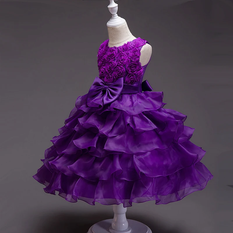 Purple Pink Blue Champagne Tiered Organza Flower Girls Dress for Wedding Birthday Party First Communion Dress for Ceremony Gown